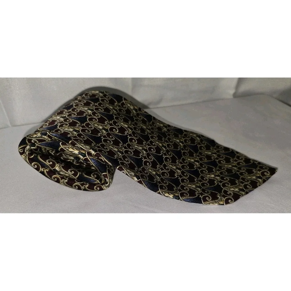 Robert Talbott Albert Ltd Studio Silk Tie Burgundy‎ Navy Gold Scroll Geometric